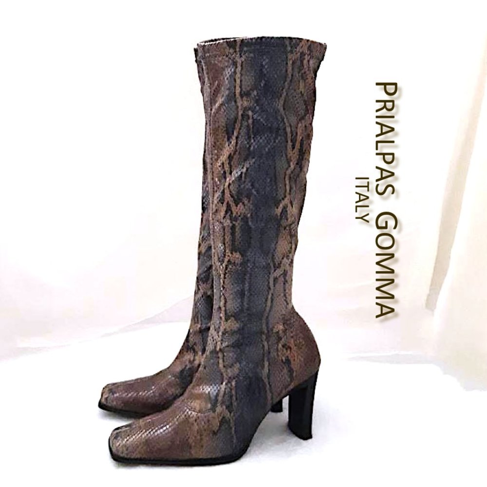 PRIALPAS GOMMA Stretchy Boots Brown Grey Snakeskin Leather Black Heeled Boots